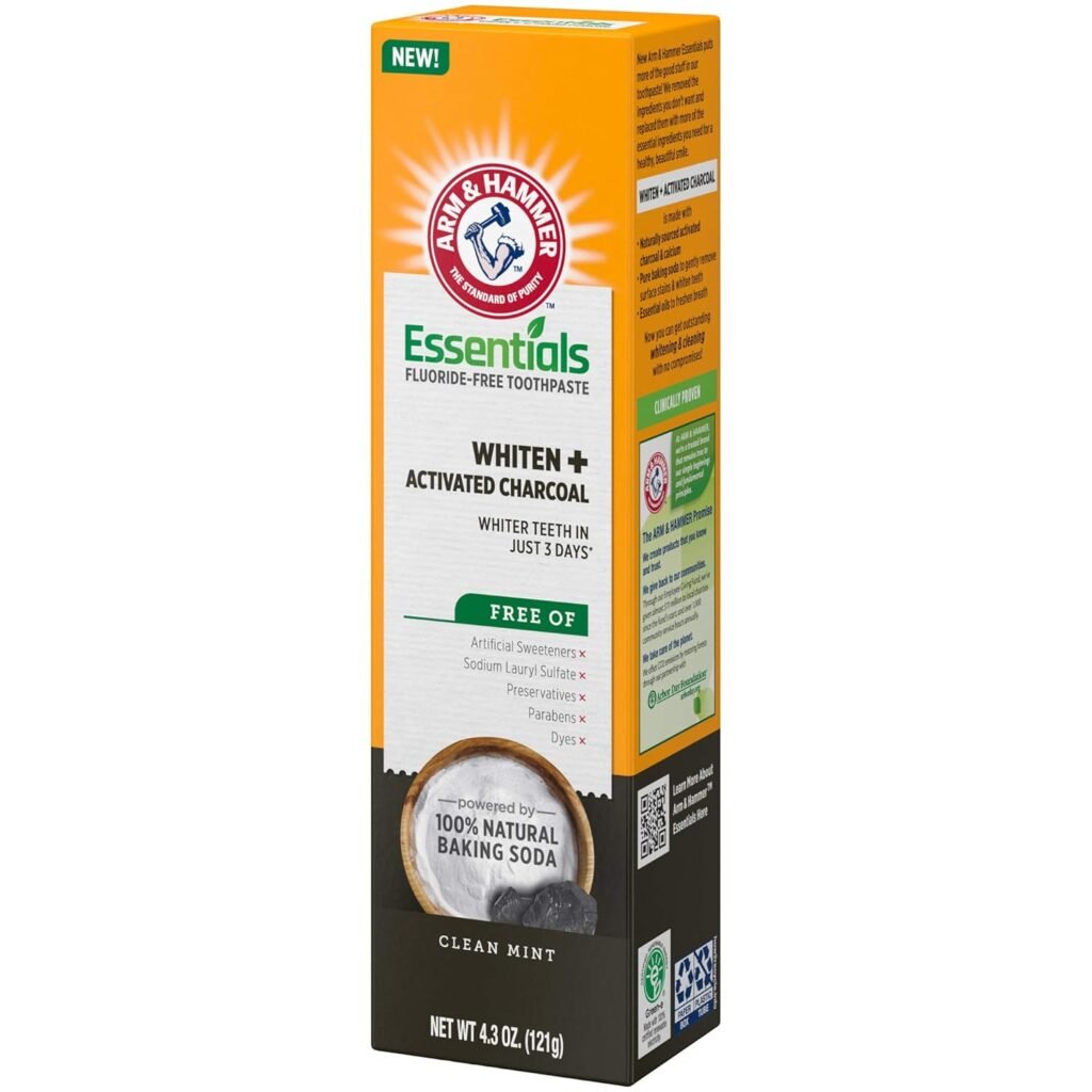 ARM  HAMMER Essentials Fluoride-Free Toothpaste Whiten + Activated Charcoal-4 Pack of 4.3oz Tubes, Clean Mint- 100% Natural Baking Soda