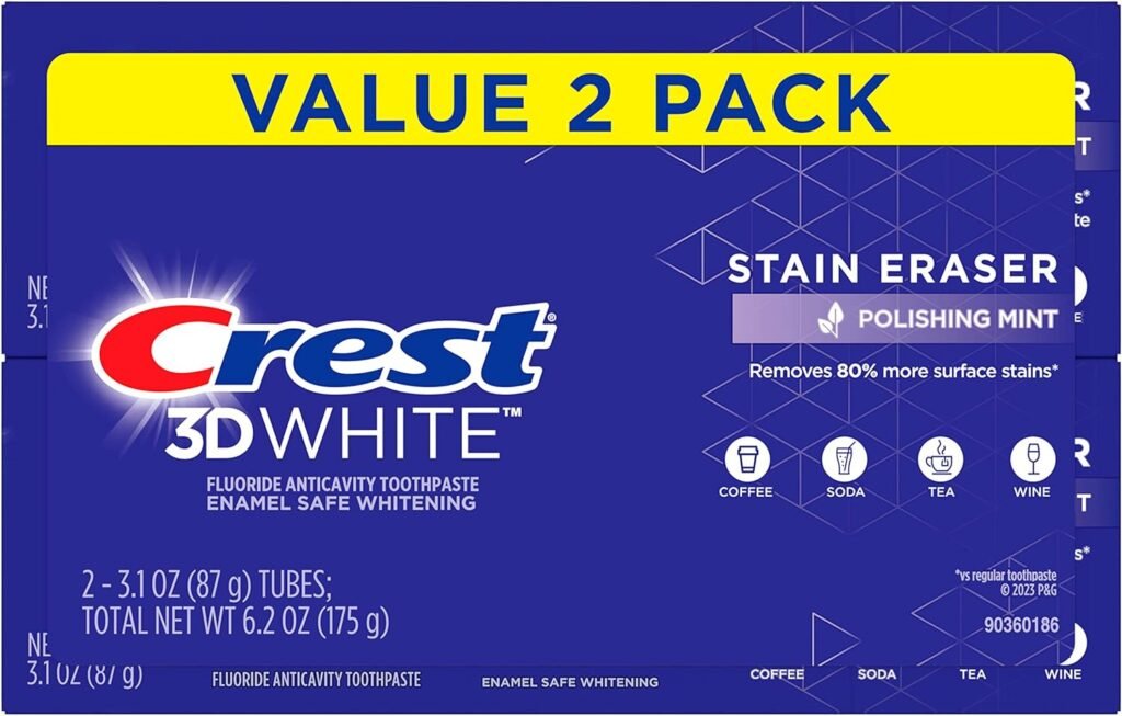 Crest 3D White Stain Eraser Teeth Whitening Toothpaste, Polishing Mint, 3.1 oz, Pack of 2