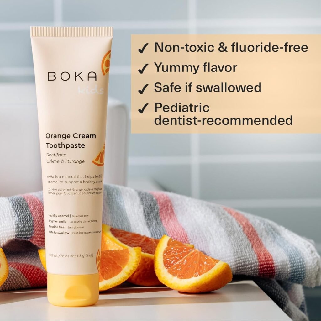 Boka Fluoride Free Toothpaste - Nano Hydroxyapatite, Remineralizing, Sensitive Teeth, Whitening - Dentist Recommended for Adult, Kids Oral Care - Orange Cream Natural Flavor, 4oz 1Pk - US Manufactured