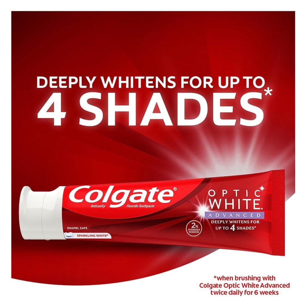 Colgate Optic White Advanced Teeth Whitening Toothpaste, 2% Hydrogen Peroxide Toothpaste, Sparkling White, 3.2 Oz, 3 Pack