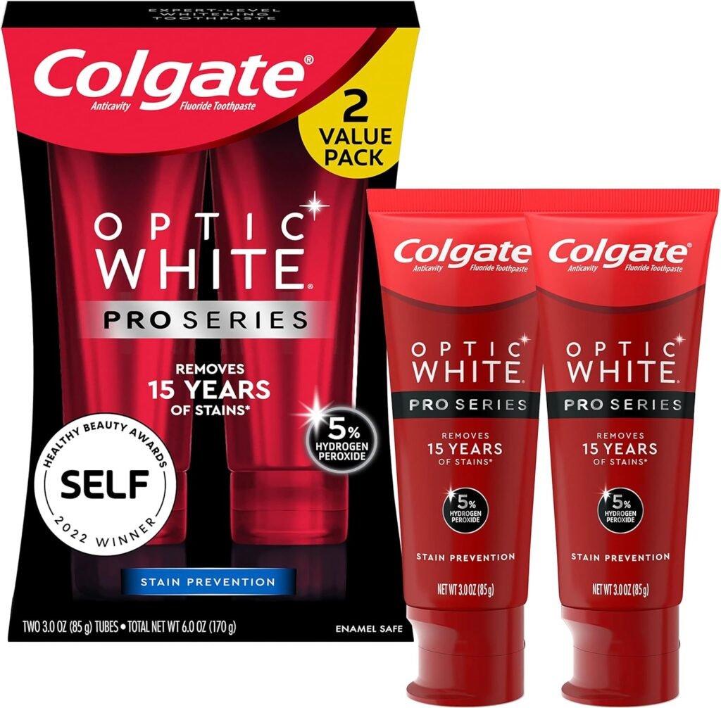 Colgate Optic White Pro Series Whitening Toothpaste with 5% Hydrogen Peroxide, Stain Prevention, 3 oz Tube, 2 Pack