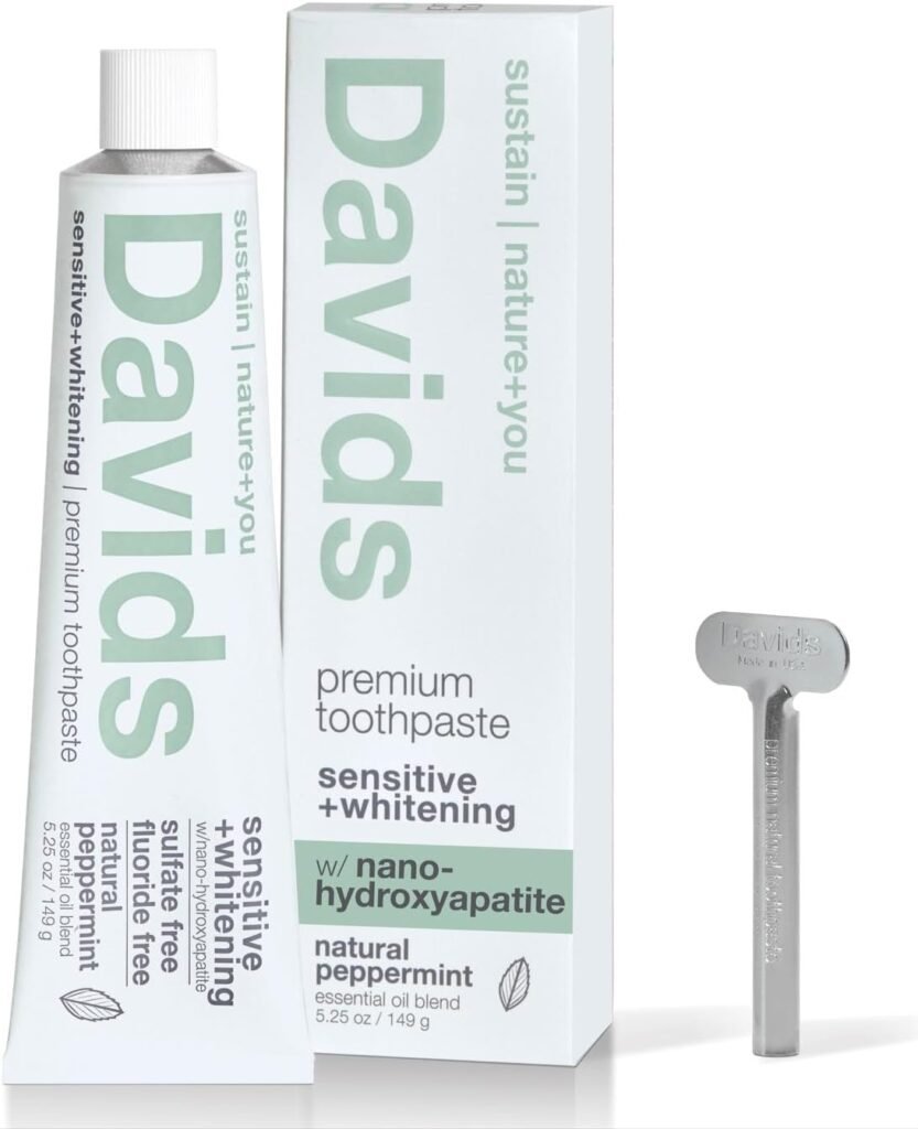 Davids Nano Hydroxyapatite Natural Toothpaste for Remineralizing Enamel, Sensitive Relief  Teeth Whitening - Antiplaque, Fluoride Free, SLS Free, Peppermint, 5.25oz, Made in USA