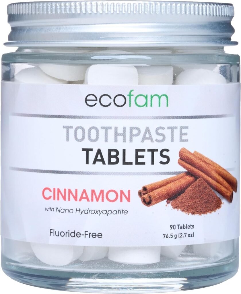 Ecofam Chewable Xylitol Toothpaste Tablets - 90 Natural Vanilla Mint Whitening Tabs - Eco Friendly Zero Waste Glass Jar - Fluoride-Free -with Nano Hydroxyapatite - Vegan - Made in The USA - 3 Pack