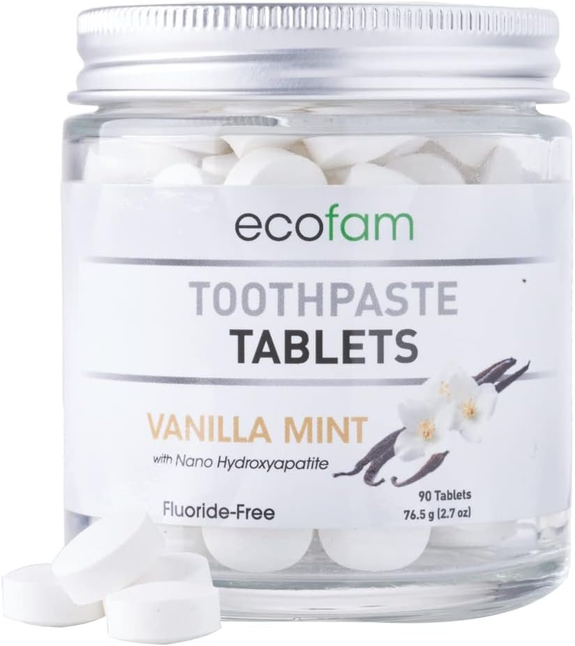 Ecofam Chewable Xylitol Toothpaste Tablets - 90 Natural Vanilla Mint Whitening Tabs - Eco Friendly Zero Waste Glass Jar - Fluoride-Free -with Nano Hydroxyapatite - Vegan - Made in The USA - 3 Pack