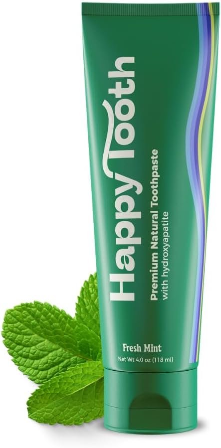 Happy Tooth Natural Hydroxyapatite Toothpaste - Fluoride Free, SLS Free - Whitening for Sensitive Teeth - Natural Ingredients - Dentist Formulated  Recommended - Adults  Kids - Fresh Mint 4 oz