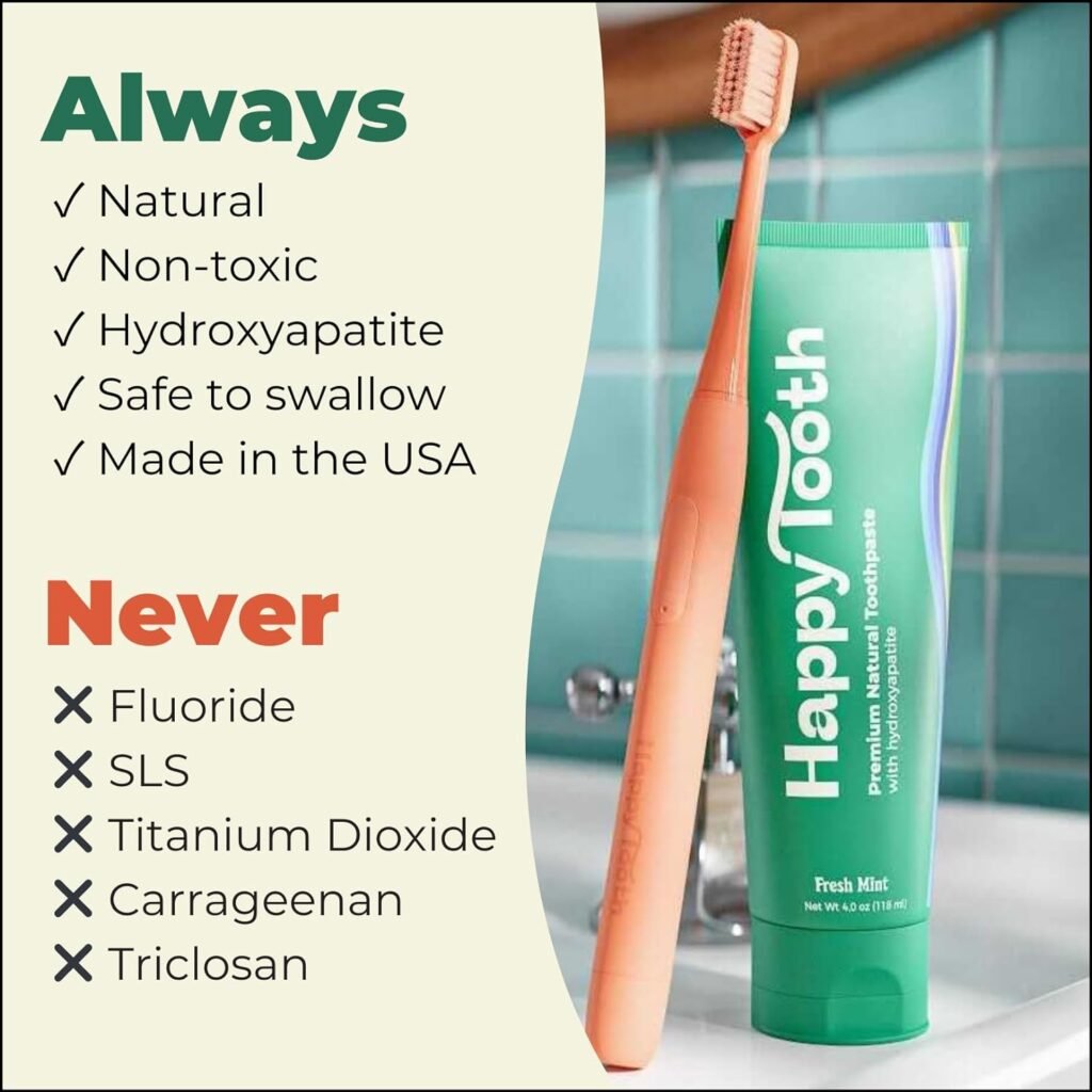 Happy Tooth Natural Hydroxyapatite Toothpaste - Fluoride Free, SLS Free - Whitening for Sensitive Teeth - Natural Ingredients - Dentist Formulated  Recommended - Adults  Kids - Fresh Mint 4 oz