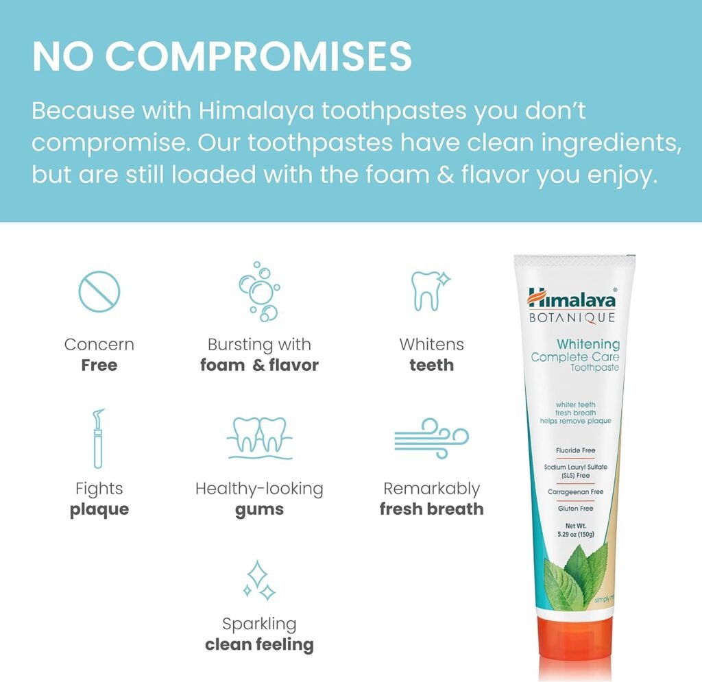 Himalaya Botanique Complete Care Whitening Toothpaste, Simply Peppermint, Fluoride Free for a Clean Mouth, Whiter Teeth and Fresh Breath, 5.29 oz, 4 Pack