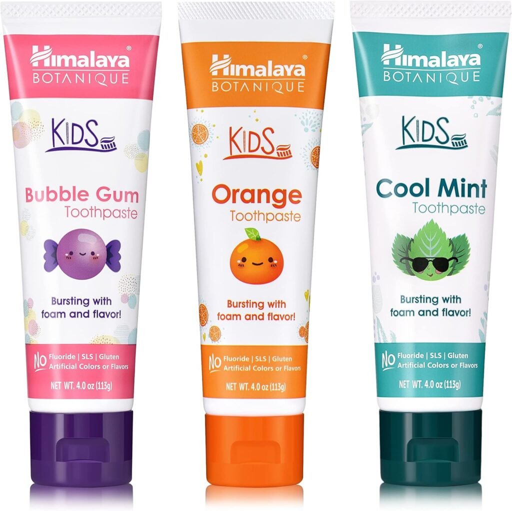 Himalaya Botanique Kids Toothpaste, Herbal, Cool Mint, Bubble Gum and Orange Flavor, Fights Plaque, Fluoride Free, No Artificial Flavors or Colors, SLS Free, Gluten Free, Vegan, 4 Oz, Variety 3 Pack