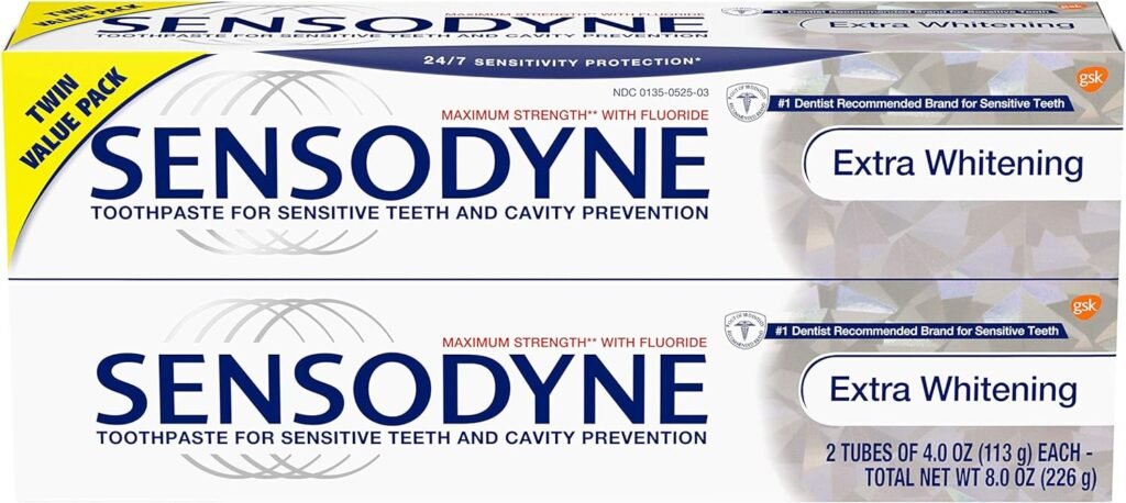 Sensodyne Extra Whitening Sensitive Teeth and Cavity Prevention Whitening Toothpaste, Amazon Exclusive, Cool Mint - 4 Ounces (Pack of 3)