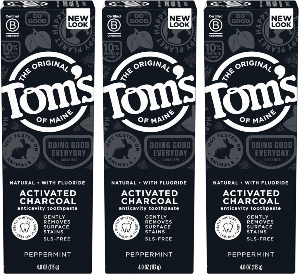 Toms of Maine Activated Charcoal Whitening Toothpaste with Fluoride, Peppermint, 4.7 oz. 3-Pack (Packaging May Vary)