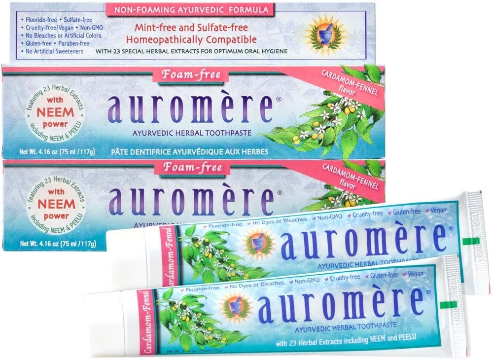 Auromere Ayurvedic Herbal Toothpaste, Cardamom Fennel, Foam Free - Vegan, Natural, Non GMO, SLS Free, Fluoride Free, Gluten Free, with Neem  Peelu (4.16 oz), 2 Pack