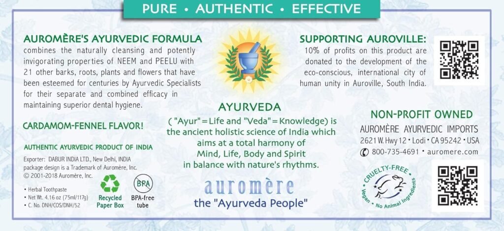 Auromere Ayurvedic Herbal Toothpaste, Cardamom Fennel, Foam Free - Vegan, Natural, Non GMO, SLS Free, Fluoride Free, Gluten Free, with Neem  Peelu (4.16 oz), 2 Pack