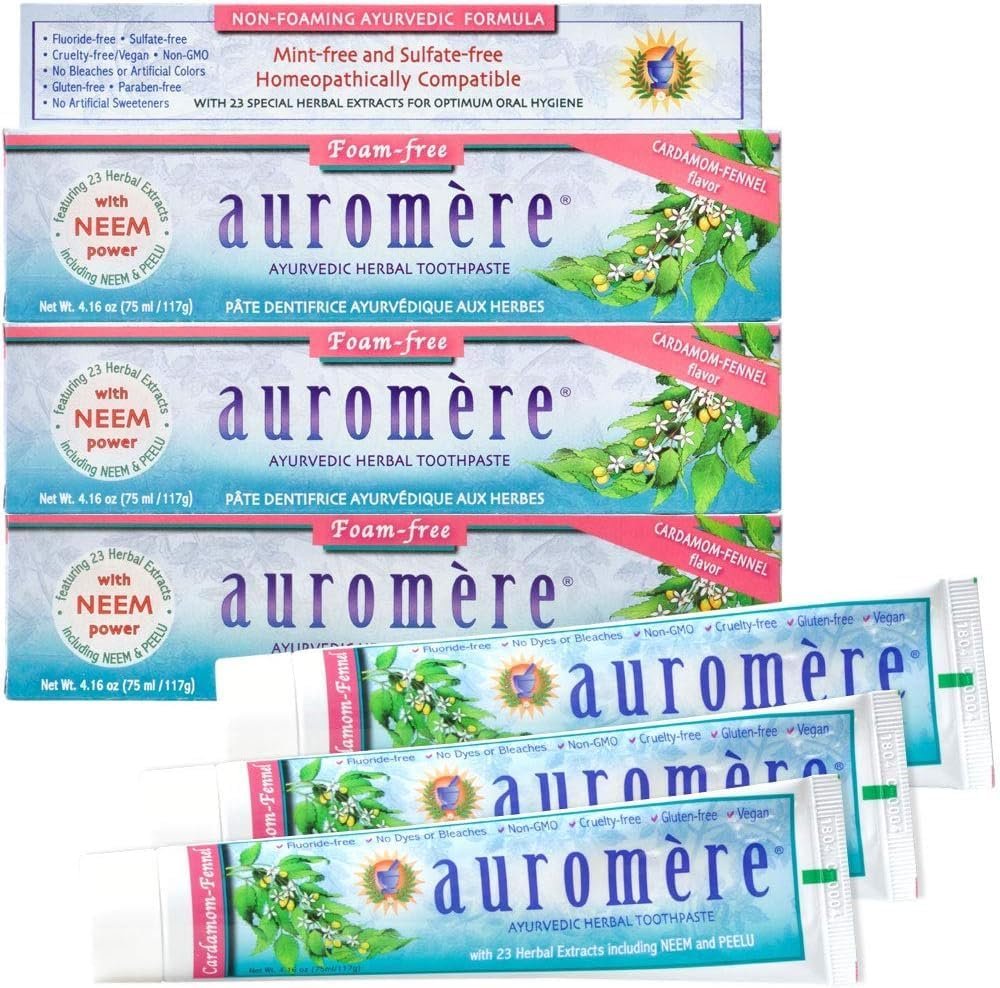 Auromere Ayurvedic Herbal Toothpaste, Cardamom Fennel, Foam Free - Vegan, Natural, Non GMO, SLS Free, Fluoride Free, Gluten Free, with Neem  Peelu (4.16 oz), 2 Pack