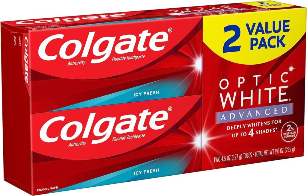 Colgate Optic White Advanced Teeth Whitening Toothpaste, 2% Hydrogen Peroxide Toothpaste, Icy Fresh, 3.2 Oz, 3 Pack