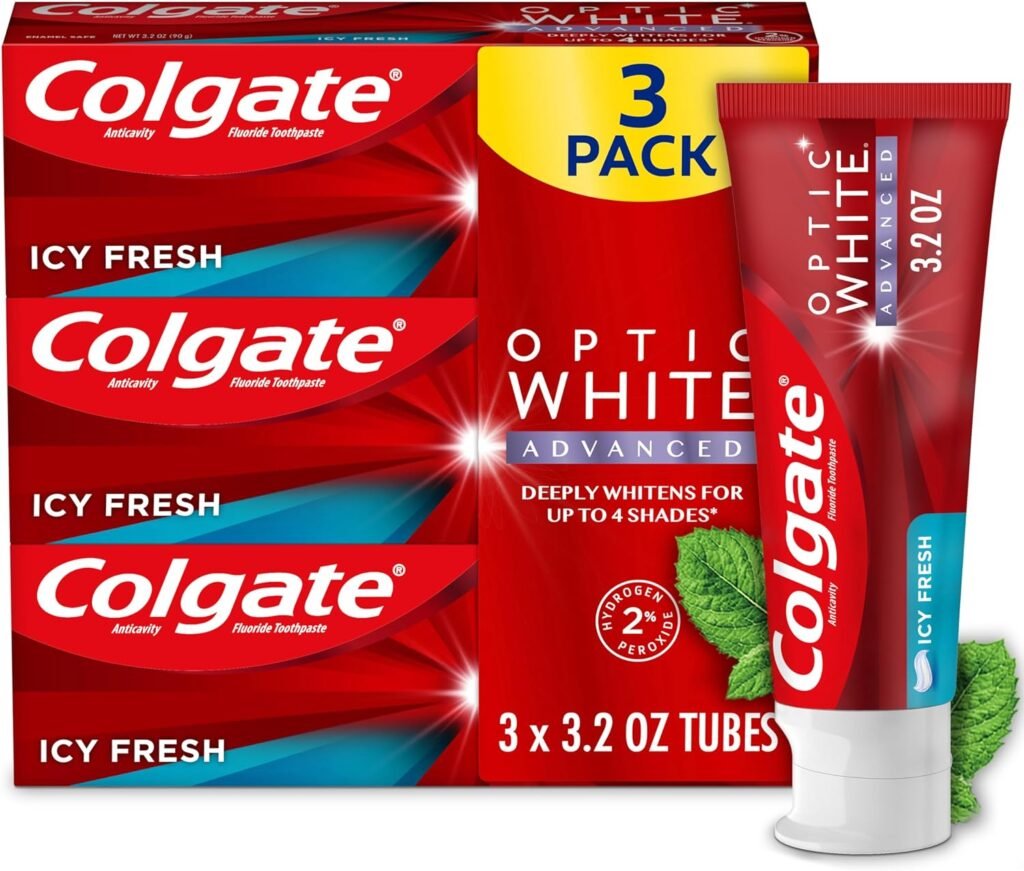 Colgate Optic White Advanced Teeth Whitening Toothpaste, 2% Hydrogen Peroxide Toothpaste, Icy Fresh, 3.2 Oz, 3 Pack