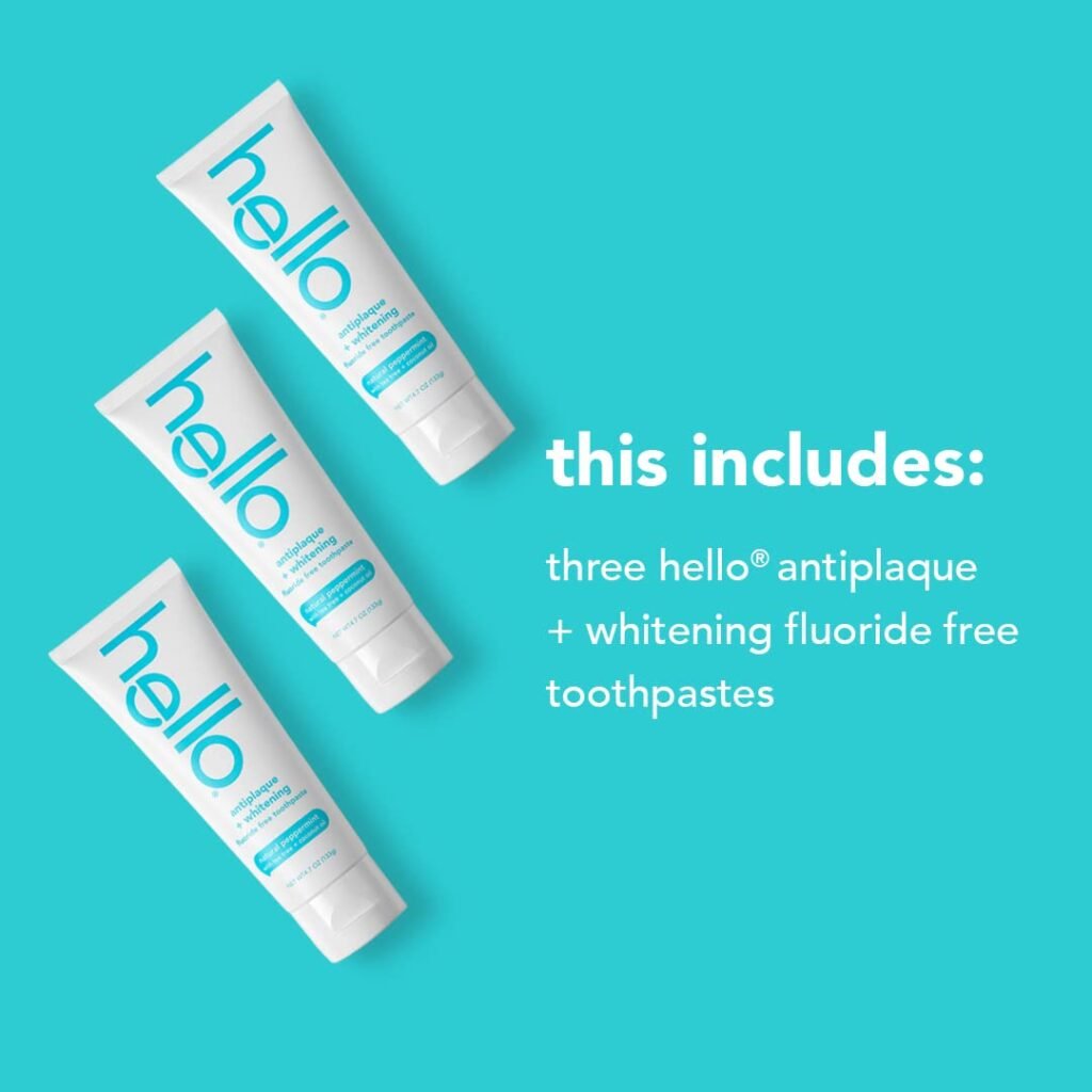 Hello Antiplaque Toothpaste, Fluoride Free for Teeth Whitening with Natural Peppermint Flavor and Tea Tree Oil, Peroxide Free, Gluten Free, SLS Free, 3 Pack, 4.7 OZ Tubes