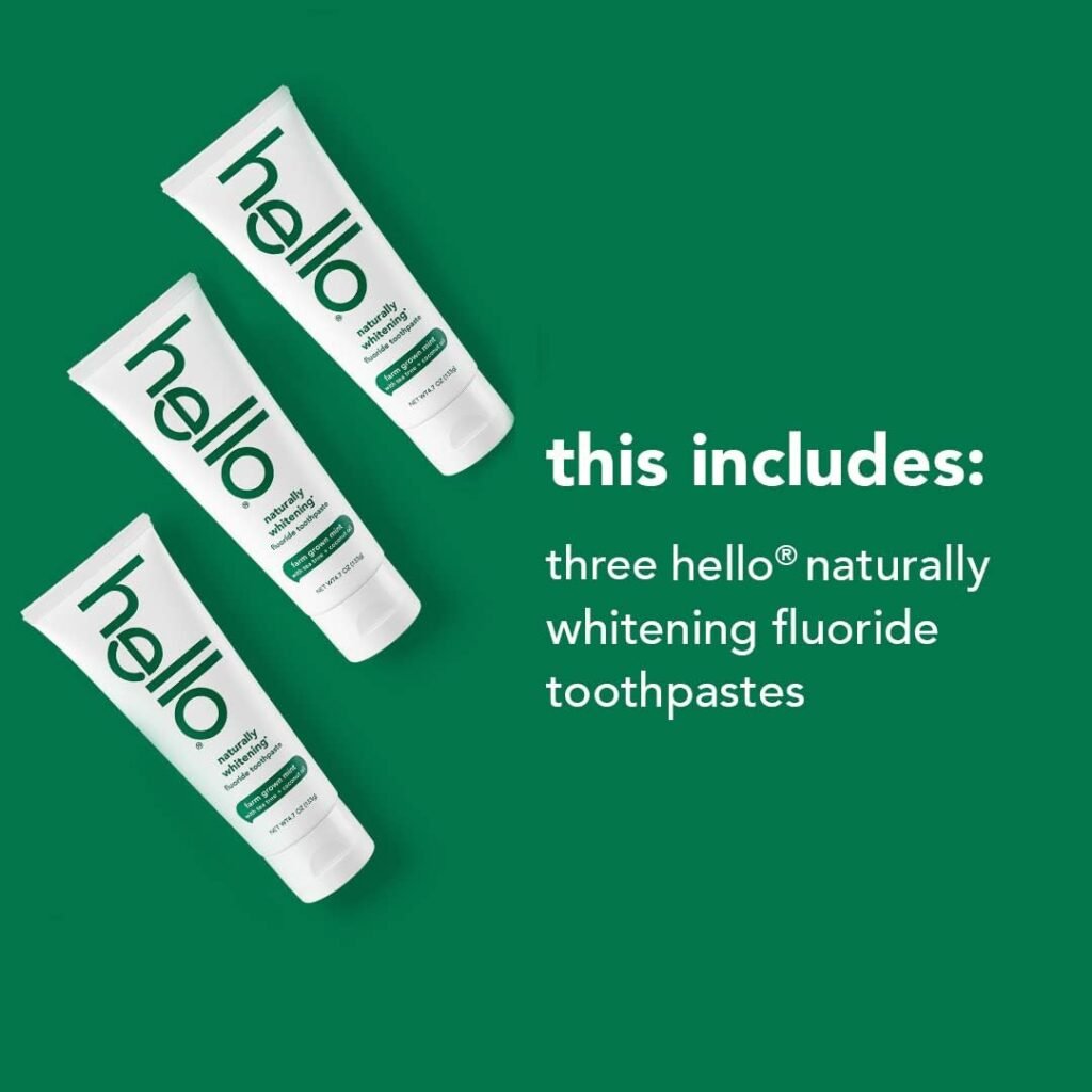 Hello Naturally Whitening Fluoride Toothpaste, Natural Peppermint Flavor and Tea Tree Oil, Peroxide Free, Gluten Free, SLS Free, 3 Pack, 4.7 OZ Tubes