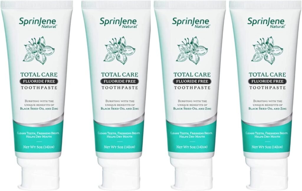 SprinJene Natural Fluoride Free Toothpaste for Clean and Strong Teeth and Gums, Fresh Breath, and Helps Dry Mouth - Vegan, Dye-Free, SLS Free Patented Toothpaste for Adults 1 Pack (Improved)