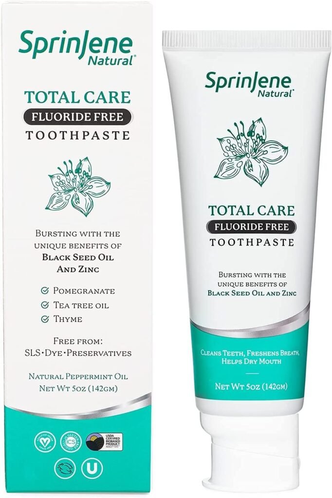 SprinJene Natural Fluoride Free Toothpaste for Clean and Strong Teeth and Gums, Fresh Breath, and Helps Dry Mouth - Vegan, Dye-Free, SLS Free Patented Toothpaste for Adults 1 Pack (Improved)