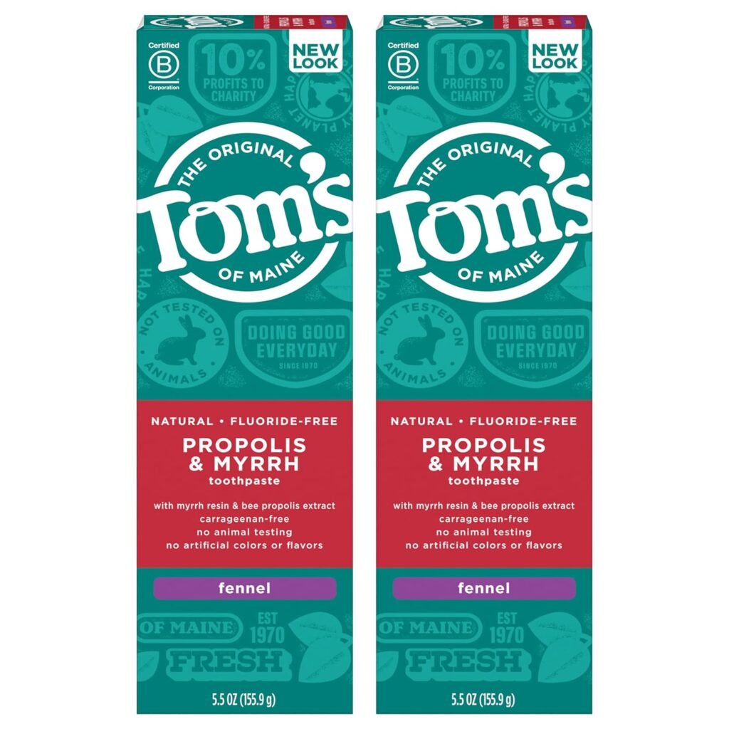 Toms of Maine Fluoride-Free Propolis  Myrrh Natural Toothpaste, Fennel, 5.5 oz. 2-Pack (Packaging May Vary)