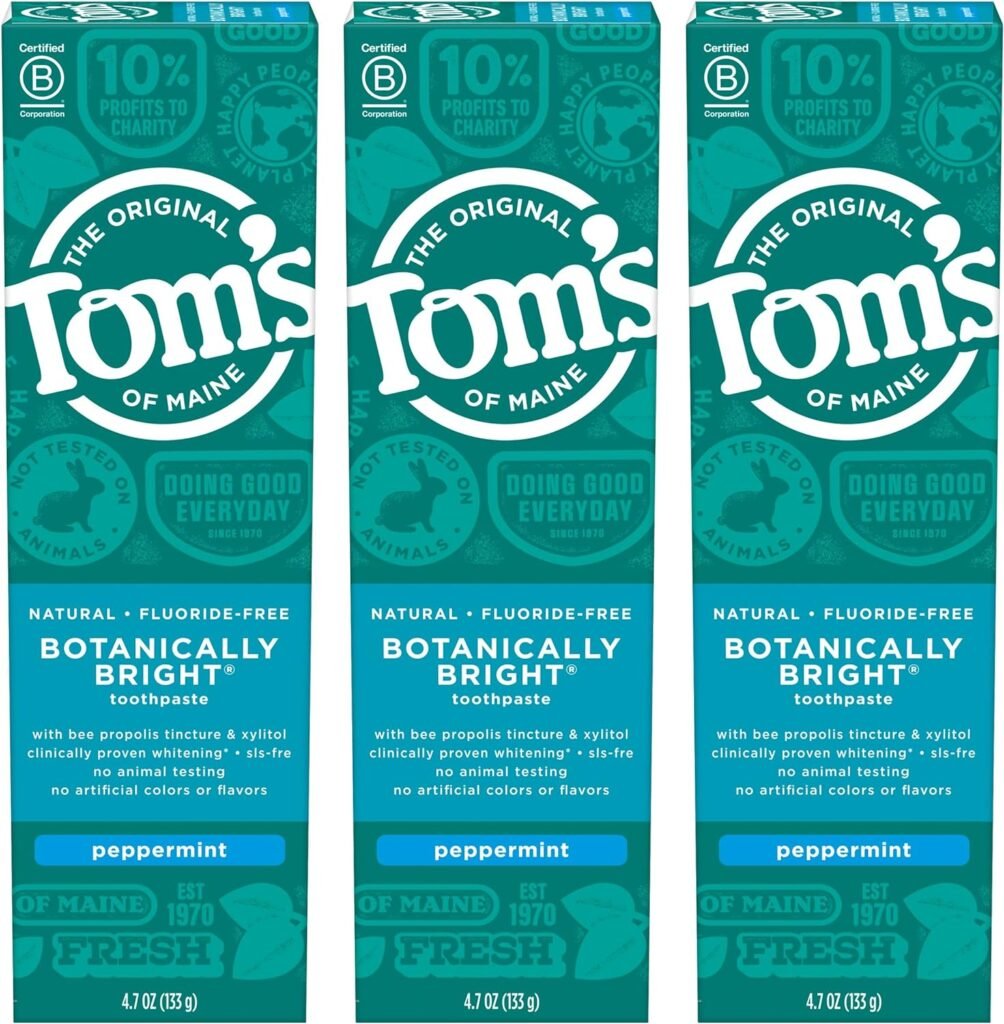 Toms of Maine Natural Fluoride-Free SLS-Free Botanically Bright Toothpaste, Peppermint, 4.7 oz. 3-Pack (Packaging May Vary)