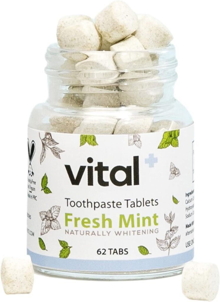 Vital Fresh Toothpaste Tablets Fluoride Free with Nano Hydroxyapatite Eco Friendly Toothpaste | 62 Toothpaste Tablets Mint Flavor Plastic Free| No Artificial Flavorings or SLS | Vegan | TSA Compliant