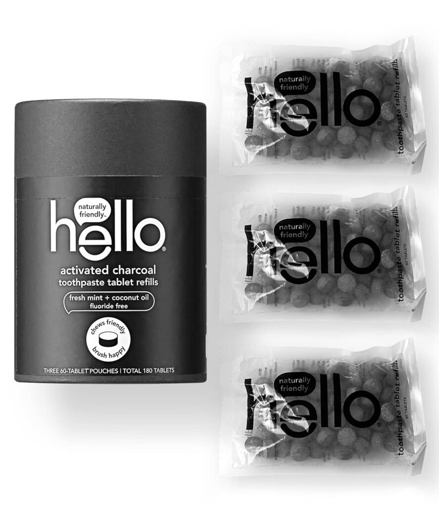 Hello Activated Charcoal Teeth Whitening Eco Friendly Travel Toothpaste Tablets, Fresh Mint and Coconut Oil, Fluoride Free, TSA Compliant, Vegan, SLS Free, Plastic-Free, 60 Tablets