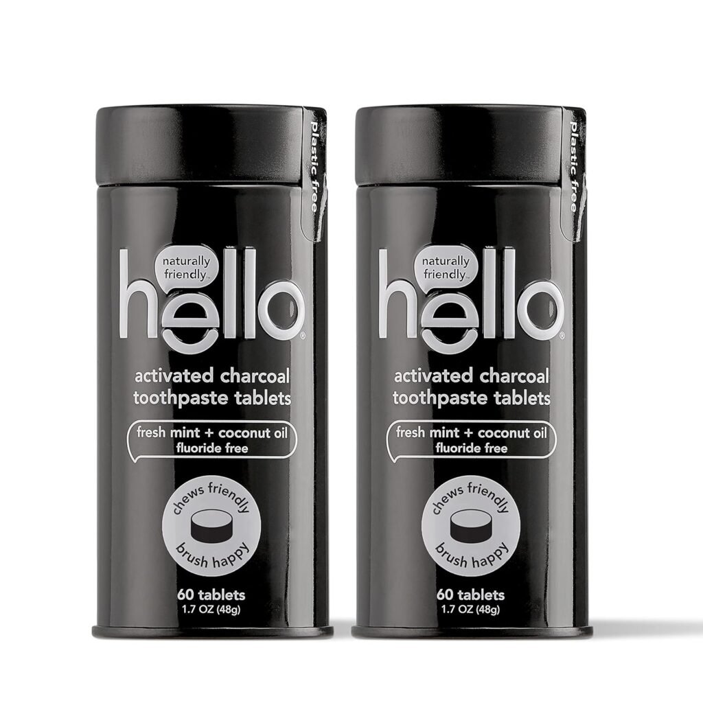 Hello Activated Charcoal Teeth Whitening Eco Friendly Travel Toothpaste Tablets, Fresh Mint and Coconut Oil, Fluoride Free, Vegan, SLS Free, Gluten Free and TSA Compliant, 60 Tablets (Pack of 2)