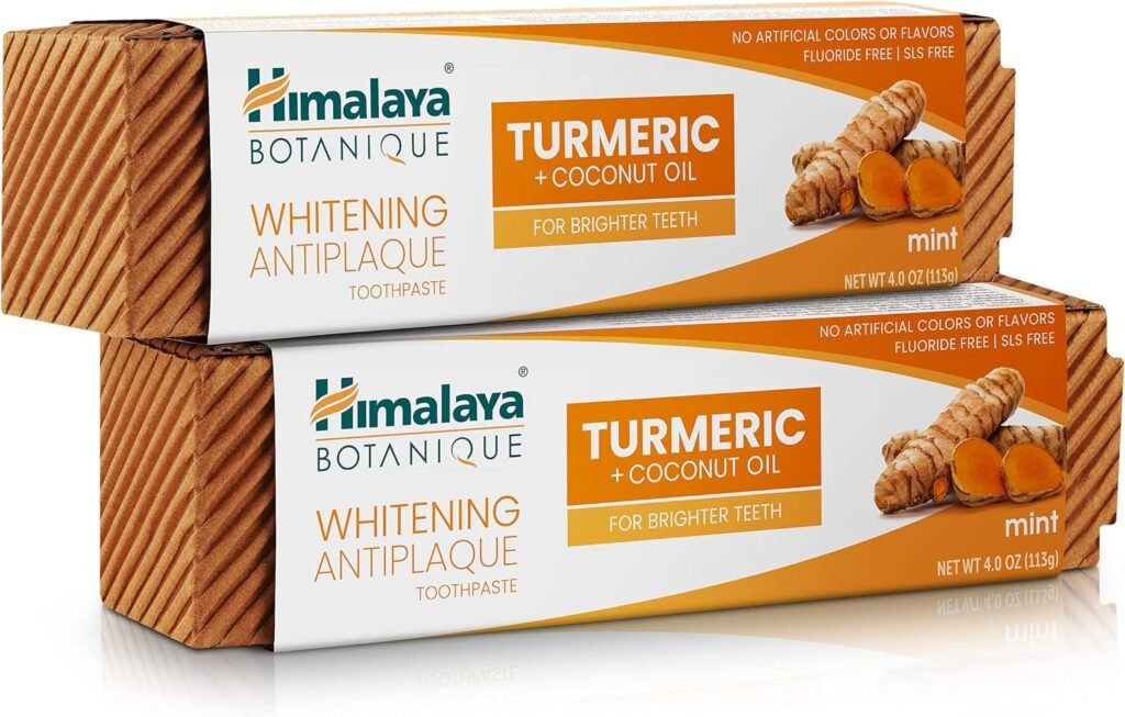 Himalaya Botanique Turmeric  Coconut Oil Whitening Antiplaque Herbal Toothpaste, Whitens Teeth, Fluoride Free, No Artificial Flavors, SLS Free, Vegan, Cruelty Free, Foaming, Mint Flavor, 4 Oz, 2 Pack