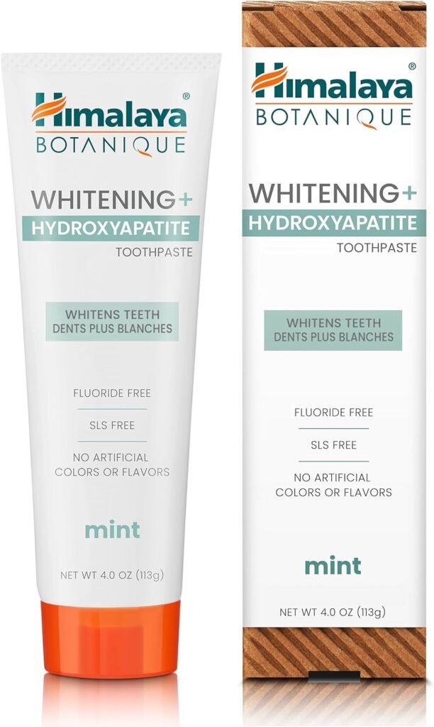 Himalaya Botanique Whitening + Hydroxyapatite Toothpaste for Whiter Teeth  Fresher Breath with Hydroxyapatite Support  Mint Flavor, Fluoride Free, SLS Free,  Vegan, 4.0 oz (113g)