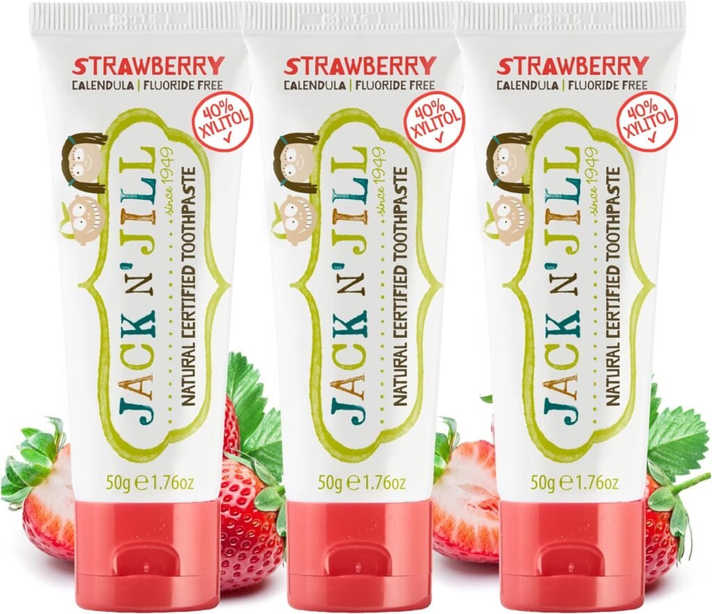 Jack N Jill Natural Toothpaste for Babies  Toddlers - Safe if Swallowed, Xylitol, Fluoride Free, Organic Fruit Flavor, Makes Tooth Brushing Fun for Kids - Strawberry  Raspberry, 1.76 oz (2 Pack)