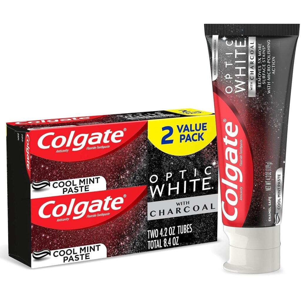 Colgate Optic White with Charcoal Whitening Toothpaste, Cool Mint Flavor, Safely Removes Surface Stains, Enamel-Safe for Daily Use, Teeth Whitening Toothpaste with Fluoride, 3 Pack, 4.2 Oz Tube