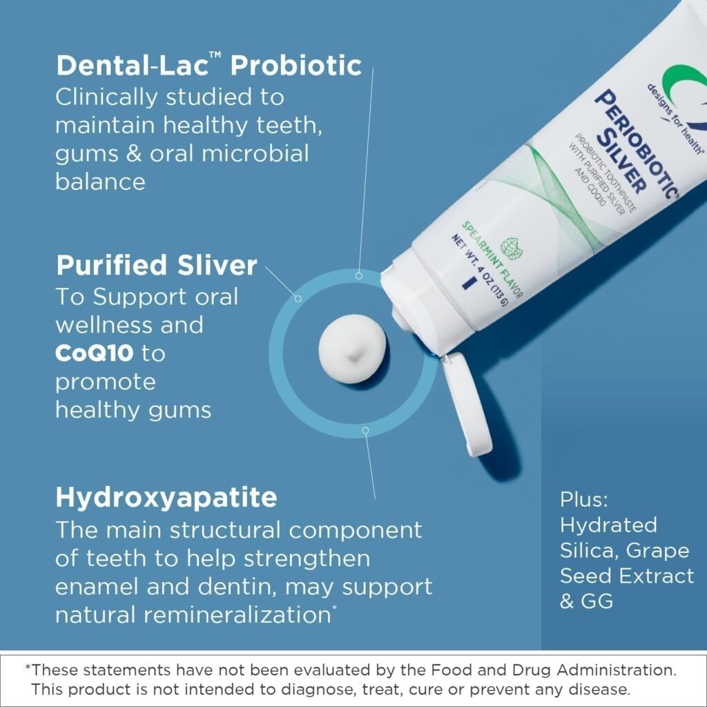 Designs for Health PerioBiotic Silver Hydroxyapatite Toothpaste - Fluoride Free Toothpaste with Oral Probiotics, Suitable for Sensitive Teeth - Supports Gum Health  Natural Remineralization (4oz)