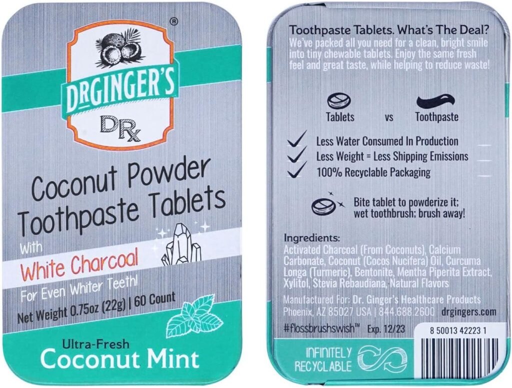 Doctor Gingers White Charcoal Toothpaste Tablets, Eco-Friendly Travel Chewable Tabs for Whitening, Fresh Breath,  Gum Support, Enamel-Safe, Coconut Mint Flavor, Fluoride-Free 0.75oz Tin, 60 Tablets