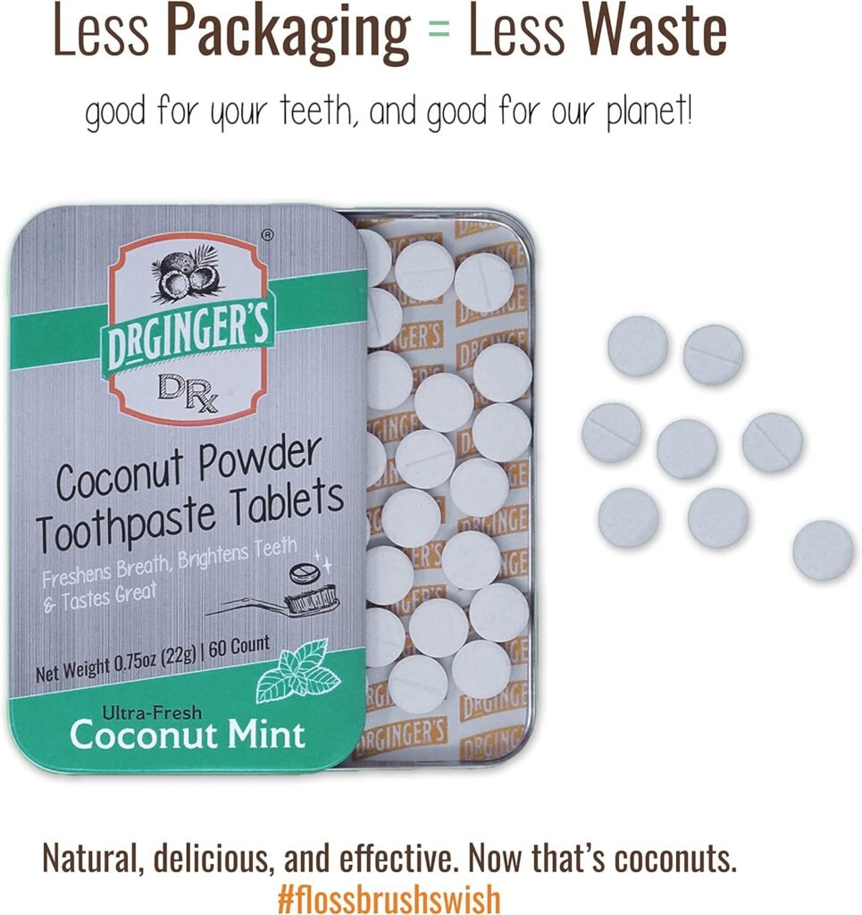 Doctor Gingers White Charcoal Toothpaste Tablets, Eco-Friendly Travel Chewable Tabs for Whitening, Fresh Breath,  Gum Support, Enamel-Safe, Coconut Mint Flavor, Fluoride-Free 0.75oz Tin, 60 Tablets