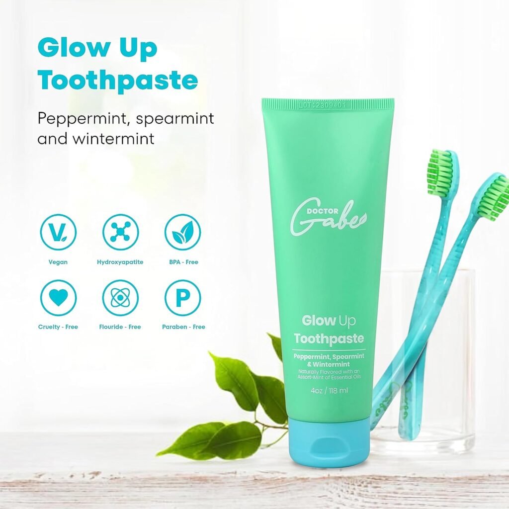 Dr. Gabe Glow Up Toothpaste - All Natural Hydroxyapatite Toothpaste Remineralize Enamel, Protect Tooth’s Outer Layer, and Freshens Breath - Fluoride Free, Antiplaque, Rich in Essential Oils, 4oz