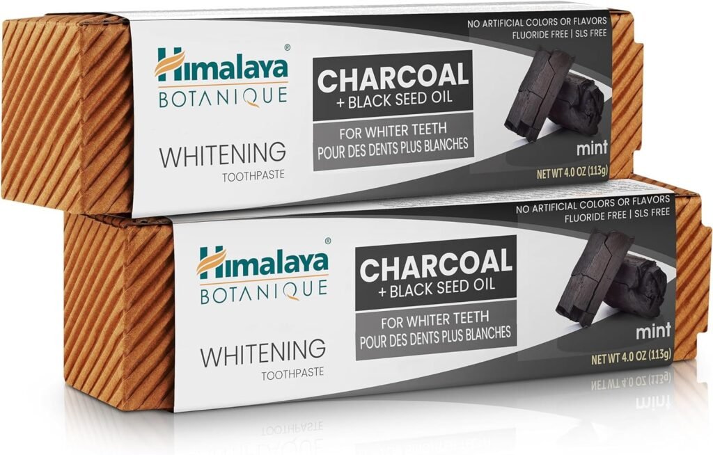 Himalaya Botanique Whitening Antiplaque Toothpaste with Charcoal + Black Seed Oil, Fluoride Free, for Whiter Teeth, 4 oz, 2 Pack