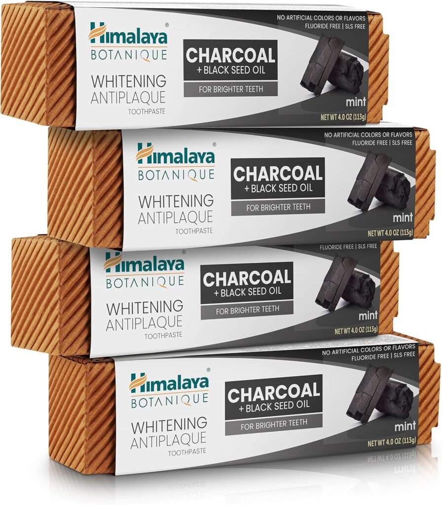 Himalaya Botanique Whitening Antiplaque Toothpaste with Charcoal + Black Seed Oil, Fluoride Free, for Whiter Teeth, 4 oz, 2 Pack