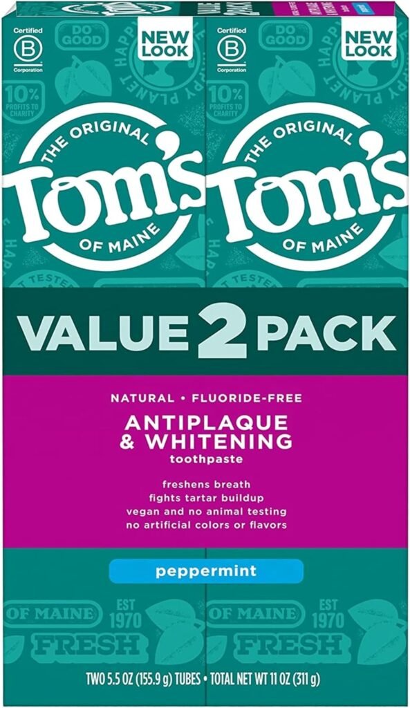 Toms of Maine Fluoride-Free Antiplaque  Whitening Natural Toothpaste, Peppermint, 5.5 oz. 2-Pack