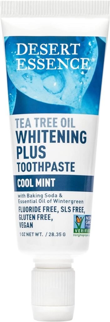 Desert Essence Tea Tree Oil Whitening Toothpaste Travel Size, 1 oz - Flouride Free, Gluten Free, Vegan, Non-GMO - with Bamboo Stem Fiber, Baking Soda, Tea Tree Oil for Whitening Teeth  Fresh Breath