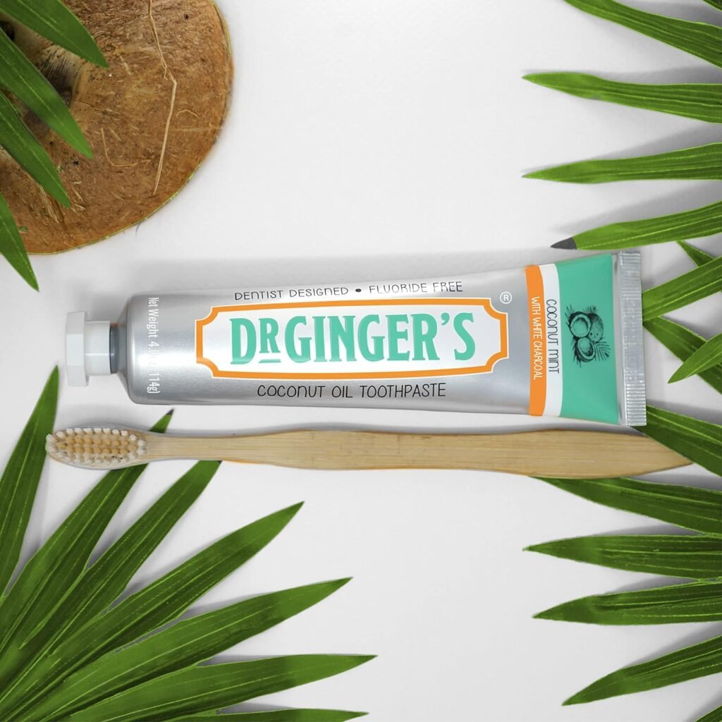 Doctor Gingers Coconut Oil Toothpaste with White Activated Charcoal, All-Natural Whitening Power, Enamel-Safe, Reduces Plaque  Gum Sensitivity, Fluoride-Free, Coconut Mint Flavor, 4oz, 1ct