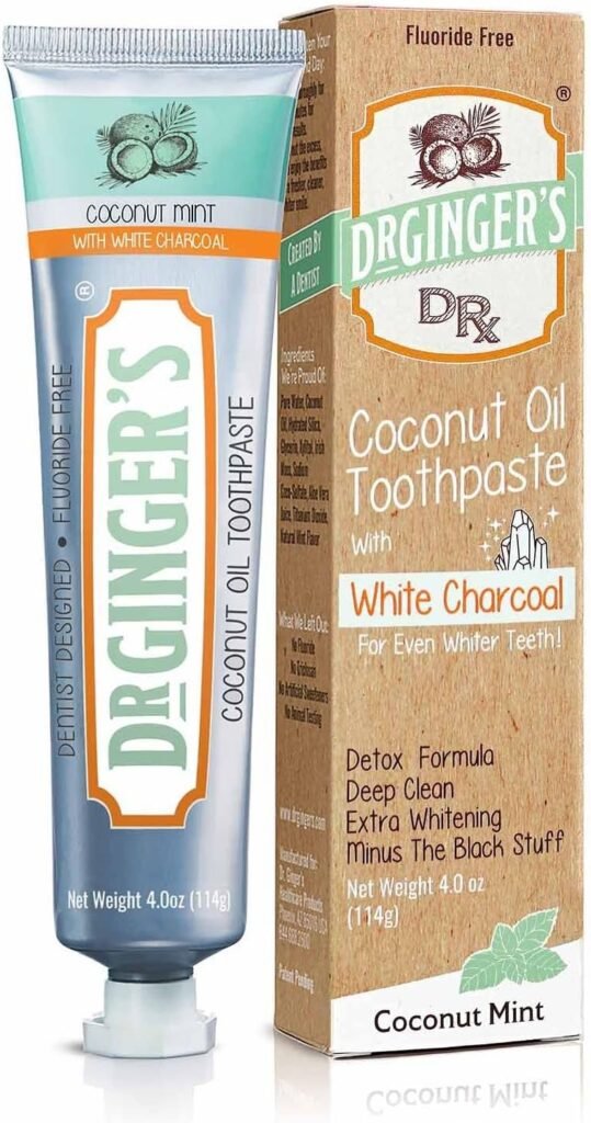 Doctor Gingers Coconut Oil Toothpaste with White Activated Charcoal, All-Natural Whitening Power, Enamel-Safe, Reduces Plaque  Gum Sensitivity, Fluoride-Free, Coconut Mint Flavor, 4oz, 1ct