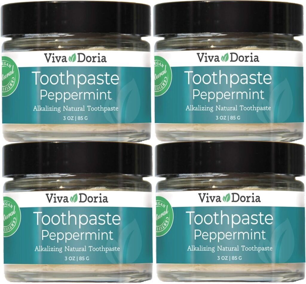 Pack of 4 Viva Doria Fluoride Free Natural Toothpaste - Peppermint (3 oz Glass jar) Refreshes Mouth, Freshens Breath, Keeps Teeth and Gum Healthy