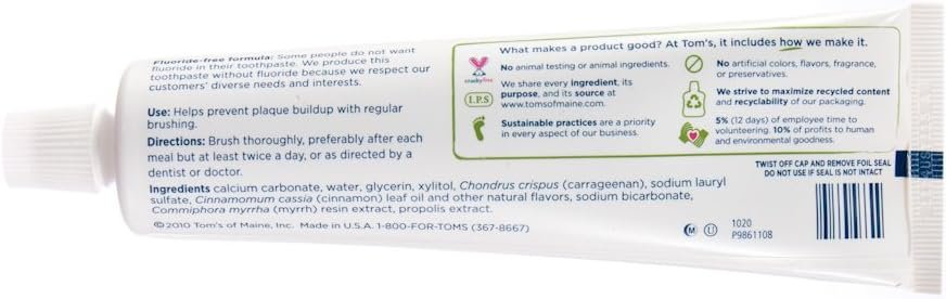 Toms of Maine Propolis  Myrrh Natural Fluoride Free Toothpaste, Cinnamint 5.5 oz