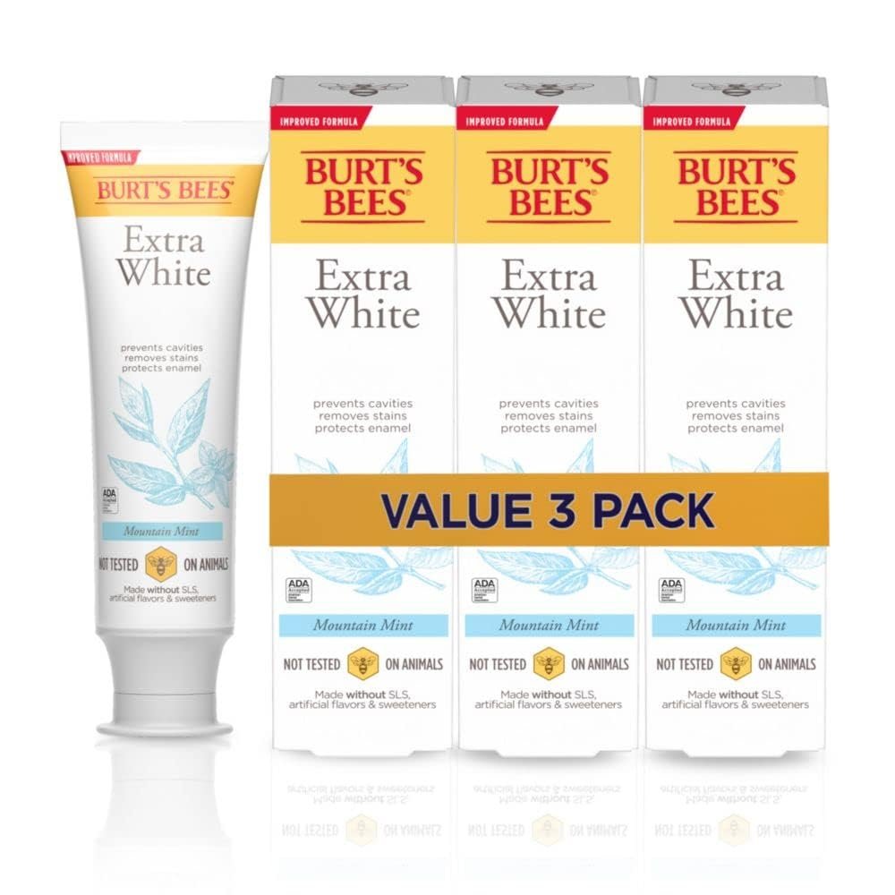 Burts Bees Extra White Toothpaste, Fluoride Toothpaste, Natural Flavor, Mountain Mint, 4.7 oz, Pack of 3