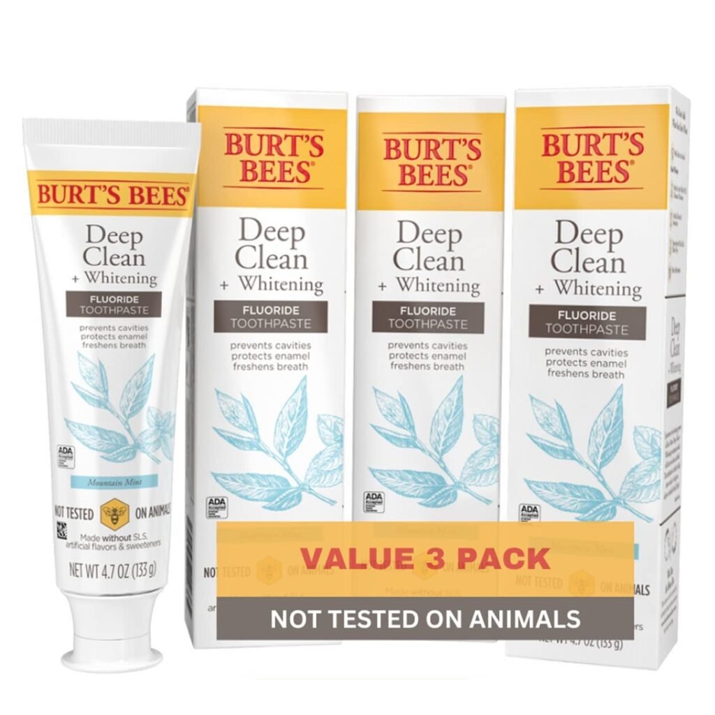 Burts Bees Toothpaste, Natural Flavor, Fluoride Toothpaste Deep Clean + Whitening, Mountain Mint, 4.7 oz each , (Pack of 3)