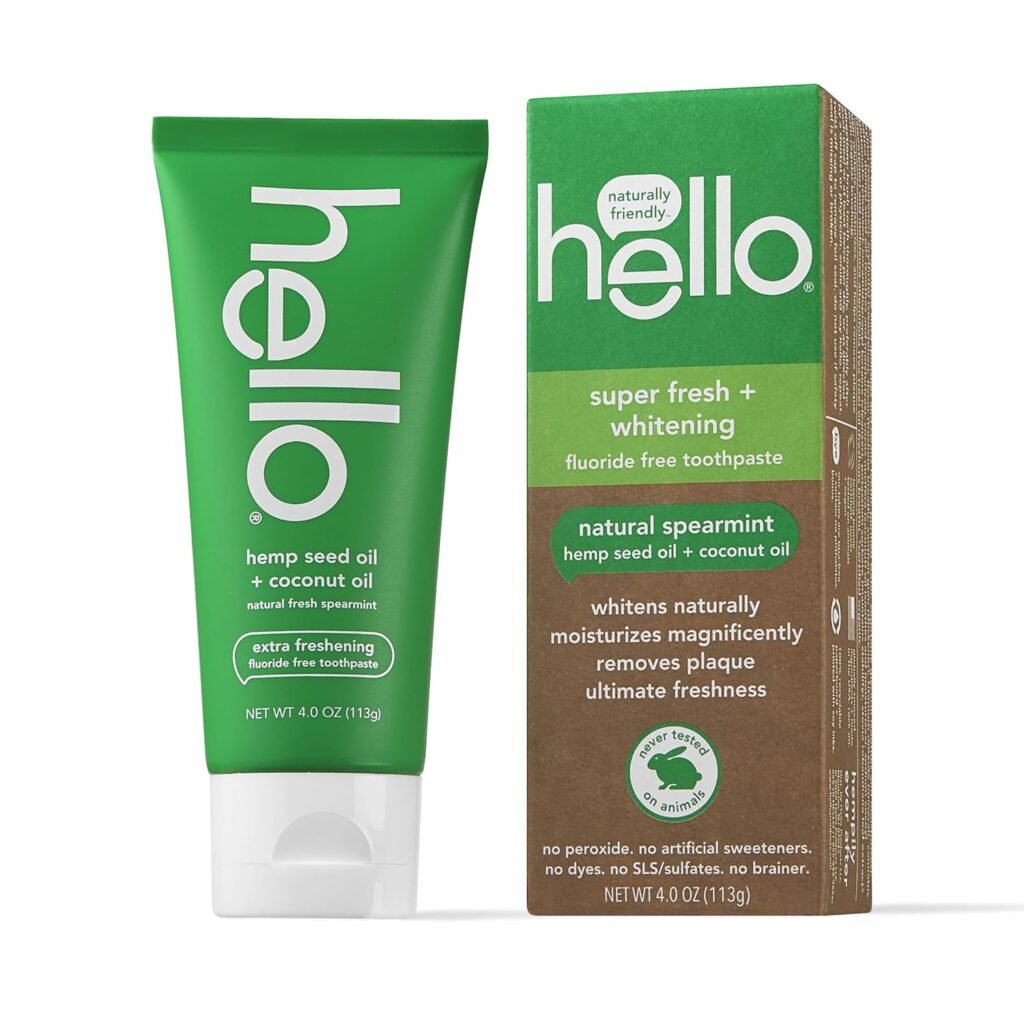 Hello Vegan Fluoride Free Toothpaste, Super Fresh Spearmint, Naturally Whitening Toothpaste, Hemp Seed Oil + Coconut Oil, Helps Remove Plaque, No SLS/Sulfates, 4 Ounce