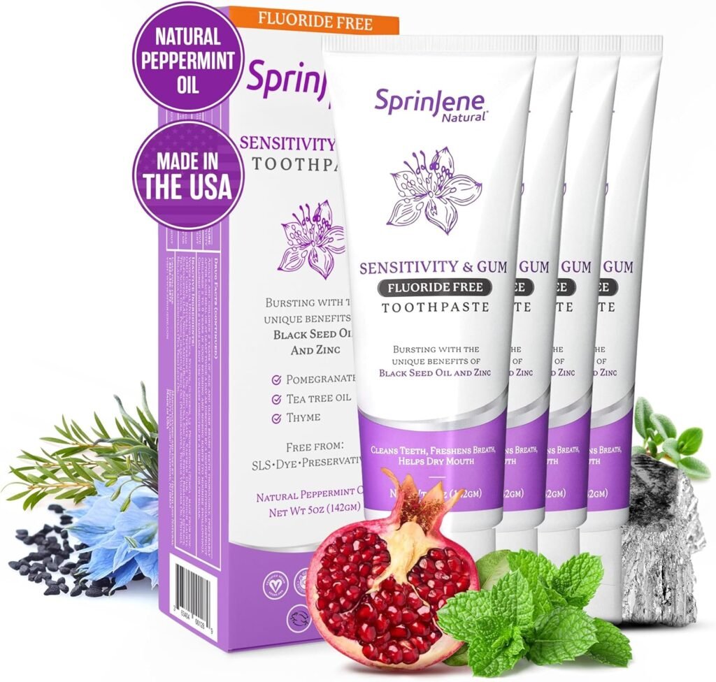 Sprinjene Fluoride Free Toothpaste for Sensitive Teeth  Gum - All Natural Toothpaste Fluoride Free Toothpaste Adult, SLS Free, Non Fluoride Toothpaste Adult - 4 Pack Patented Toothpaste Floride-Free