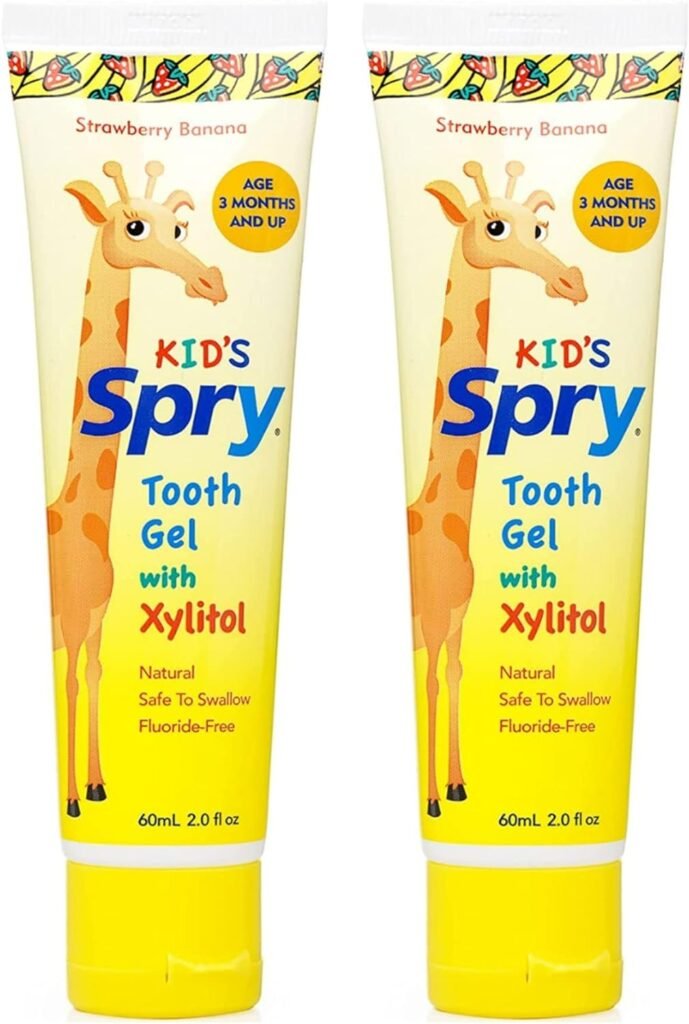 Spry Xylitol Baby Toothpaste, Natural Toddler Toothpaste, Fluoride Free Toothpaste for Kids, Xylitol Toothpaste for Kids Age 3 Months and Up, Tooth Gel Strawberry Banana 2 Fl Oz (Pack of 2)