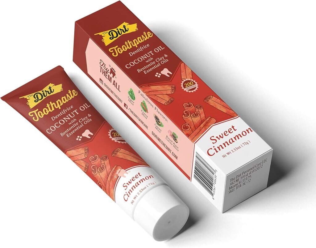 THE DIRT Coconut Oil Toothpaste - Fluoride  Gluten Free - Natural Oral Care for a Refreshing Smile - Sweet Cinnamon Flavor (72g: 10 Weeks Supply)